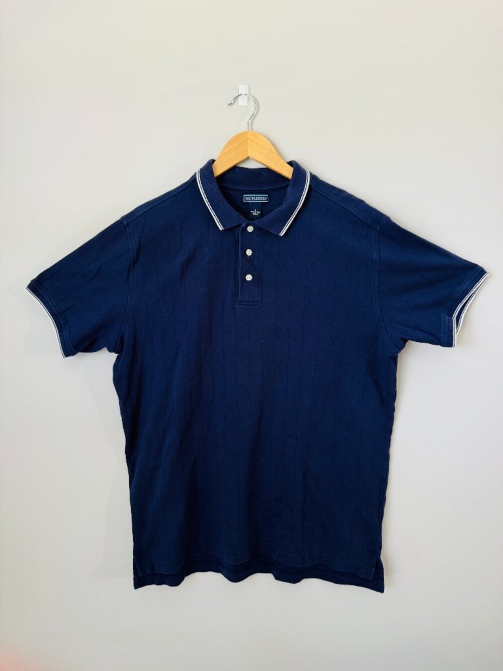 Saddlebred Cotton Short Sleeve Polo Mens L Navy Blue Ribbed Stripe Pin Stripe Cu